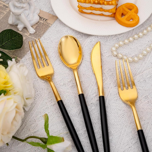SUT Gold Plastic Silverware (160Pcs) Forks and Spoons Disposable, 80 Gold Plastic Forks, 40 Gold Knives, 40 Gold Spoons, Black and Gold Utensils Set Disposable for Parties, Weddings,New Year,Halloween