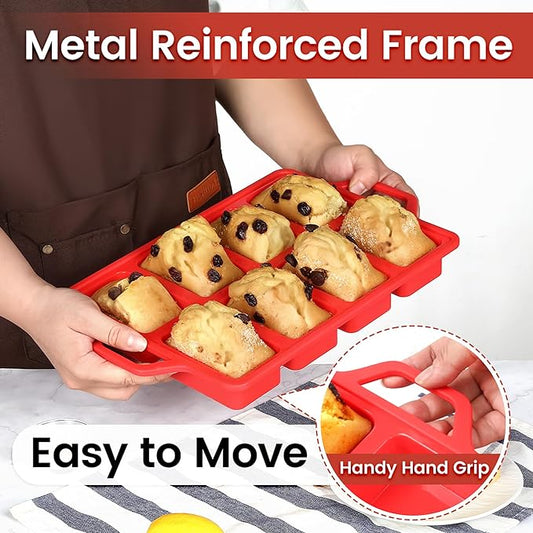 Mini Loaf Pan Silicone, Metal Reinforced Silicone Mini Bread Loaf Pan Nonstick Cornbread Pan 8 Cavities Small Loaf Pans for Baking Bread, Loaf, Meatloaf, Brownie, Butter 1Pack Red
