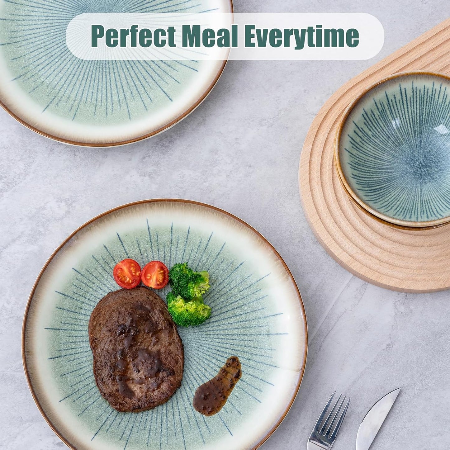 Dinnerware Set Green 12 Pieces Service for 4, Stoneware Plates and Bowls Set Stoneware Set, Dishwasher Microwave Safe Dishes set