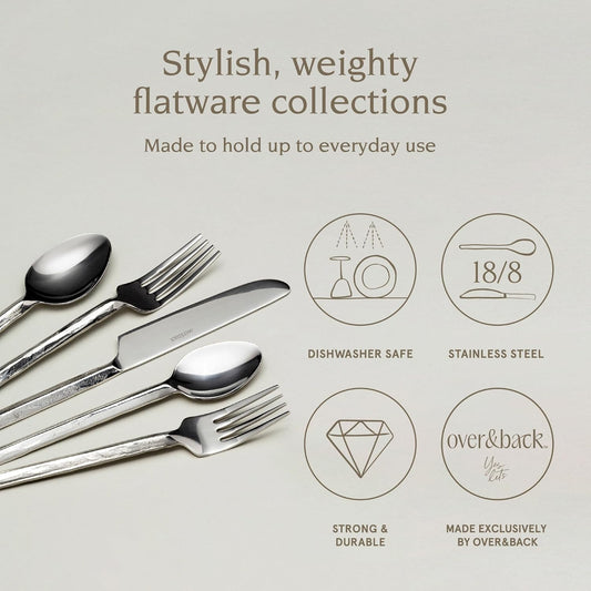 over&back 20pc Hand-Forged Flatware Cutlery Set - Comes with 4 Dinner Forks, 4 Salad Forks, 4 Dinner Knives, 4 Dinner Spoons, and 4 Teaspoons - Dishwasher-Safe - 18/8 Stainless Steel