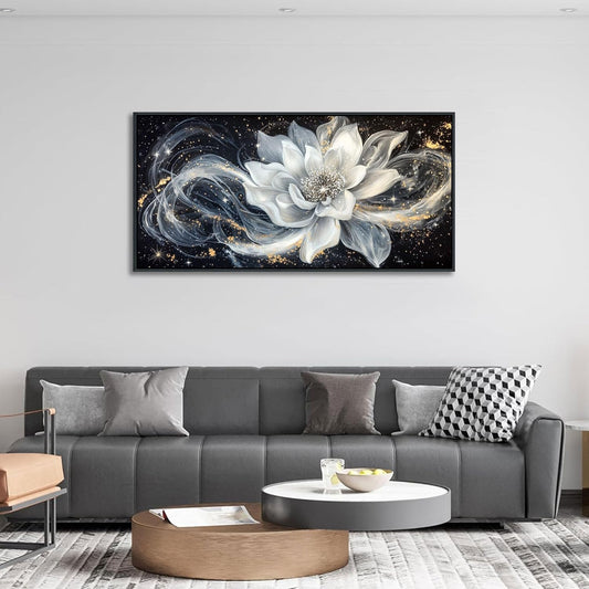 QZQCBLC Abstract Flower Wall Art, Black and White Gold Simplicity Framed Canvas Painting Large White Lotus Modern Pictures Artwork for Living room Bedroom kitchen Home Office Decor 24x48 IN