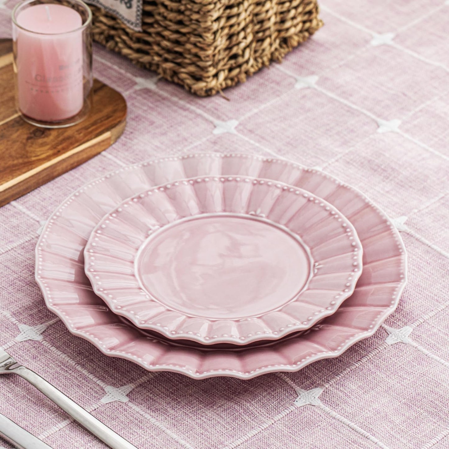 Plates and Bowls Sets for 4, 12 Piece Dinnerware Sets, Porcelain Plate Set, Microwave and Dishwasher Safe, Wedding kitchen & dining, Dreamy Sakura Pink