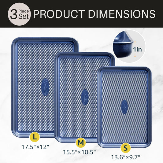 3Pcs Nonstick Baking Sheet, Baking Sheet Pan Set, Jelly Roll Pans, Cookies Sheet for Baking, Cookie Sheet Pan with Diamond Texture, Blue