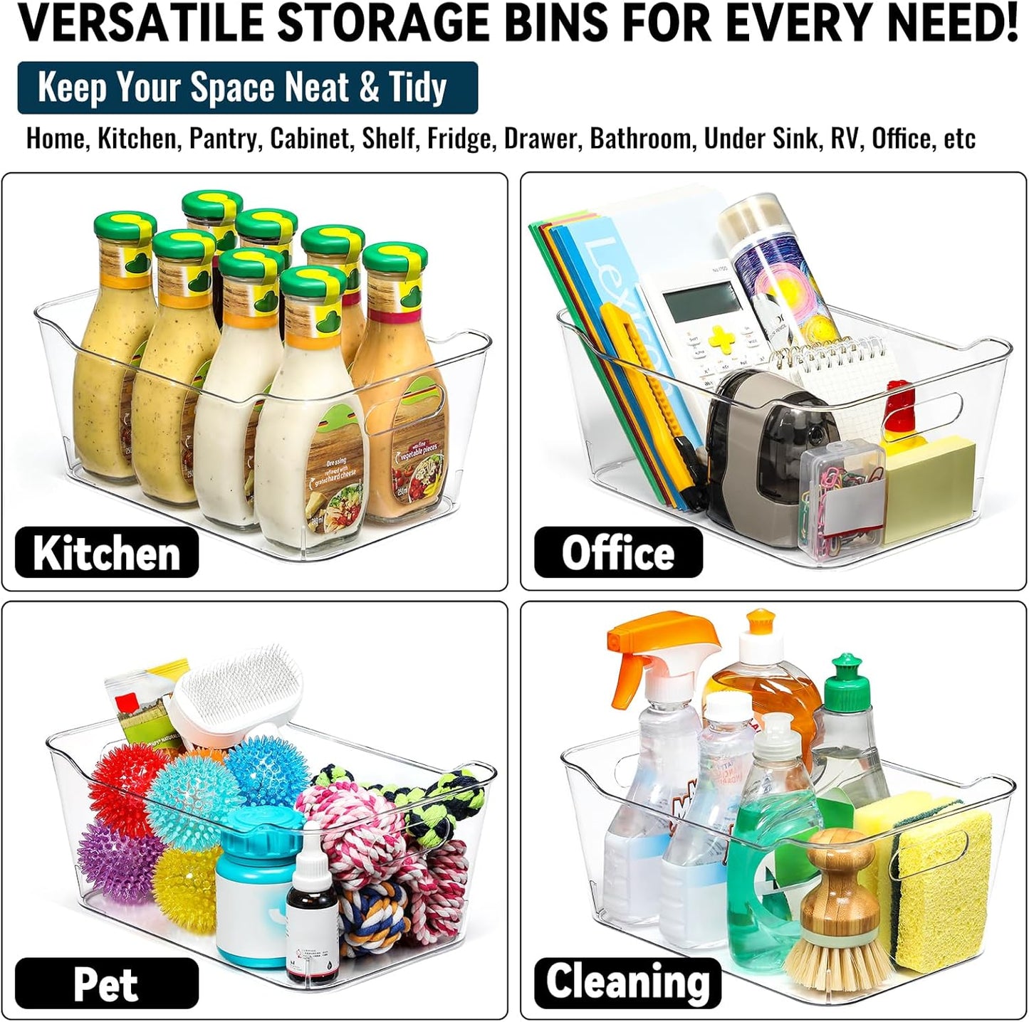 12 PACK Multi-Use Clear Plastic Storage Bins for Organizing w/Labels - Home, Kitchen, Pantry, Bathroom, Office, Cabinet Shelf Organizer Bins - SOHO Collection, RV, Fridge Organization Containers - L