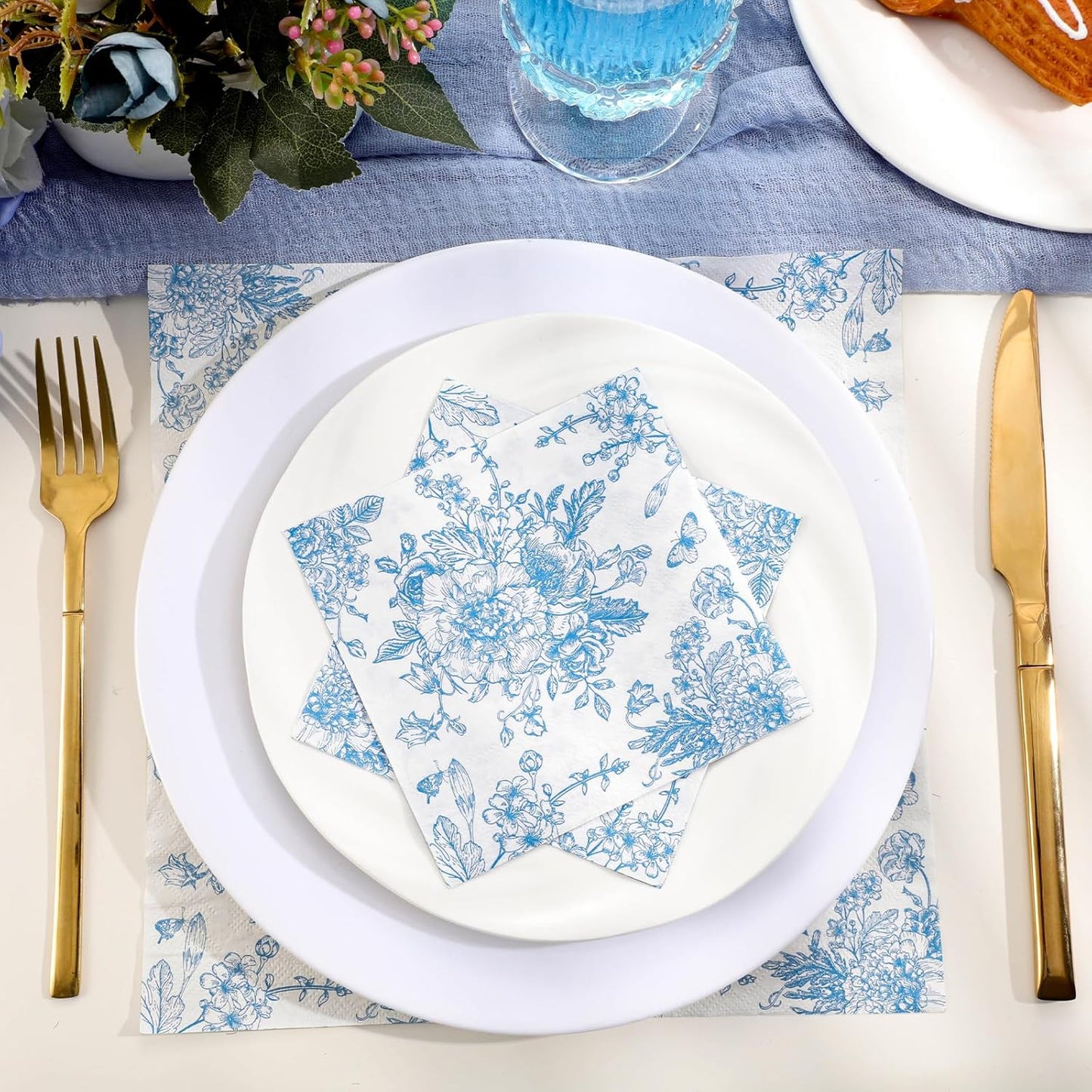 100 Pcs Blue Floral Napkins, Blue and White Decoupage Napkins Vintage Flower Butterfly Design Toile Napkin Cute Decorative Coastal Napkin for Wedding, Bridal Baby Shower,Tea Party, 5 x 5 Inch