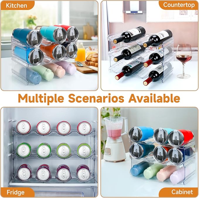 Stackable Water Bottle Organizer, Large Compartment Water Bottle Holder, 3 Tier Water Bottle Organizer for Cabinet, Water Bottle Rack for Kitchen Organization and Storage - Hold 12 Bottles