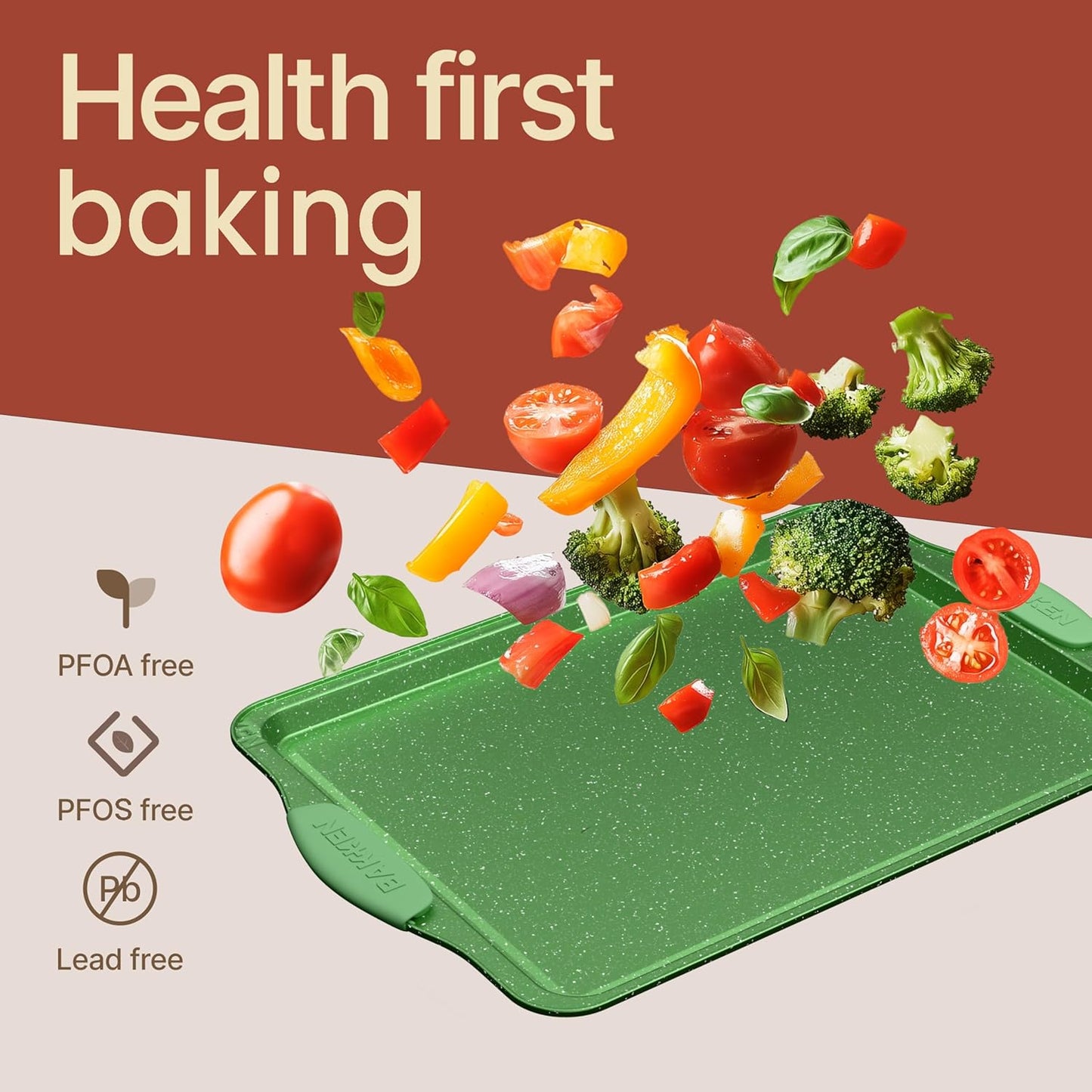 BAKKEN Kitchen Baking Pan Set - Nonstick Green Marble Coating, Carbon Steel Bakeware Sets with Green Silicone Handles, Kitchen Essentials, PFOA, PFOS, PTFE Free, Oven Safe (Up To 450° F), Set of 18