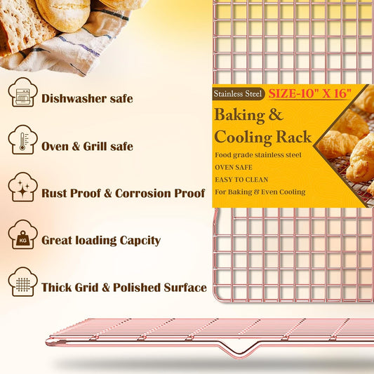 2PCS Cooling Racks for Cooking and Baking - 10" x 16"Heavy Duty Stainless Steel Wire Rack for Baking, Grilling, Roasting - Oven & Dishwasher Safe - Fits Half Sheet Pan(Rose Gold)
