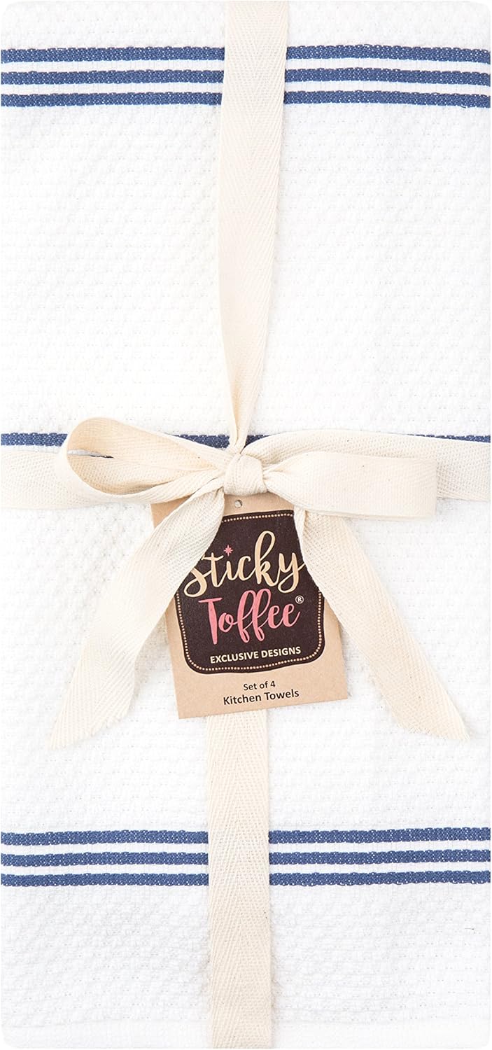 Sticky Toffee Cotton Kitchen Towels Set of 4 – 28x16 in Dark Blue and White Dish Towels, Reusable and Absorbent Tea Towels for Cleaning or Drying, Oeko-Tex Cotton