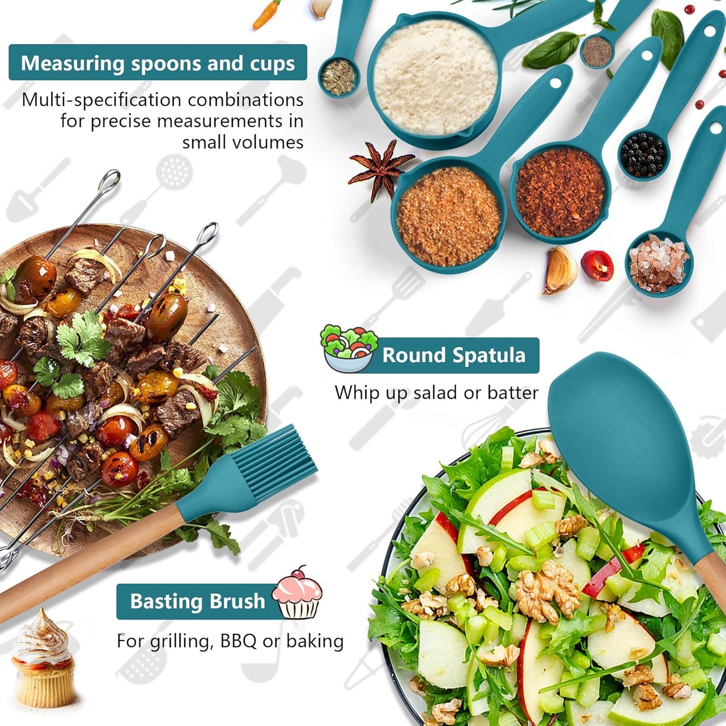 HaWare Kitchen Cooking Utensils Set, 23-Piece Silicone Kitchen Utensils Spatula Set with Holder, Heat Resistant Wooden Handle Kitchen Gadget for Nonstick Cookware, Food-grade Turner Spoon Sets (Blue)