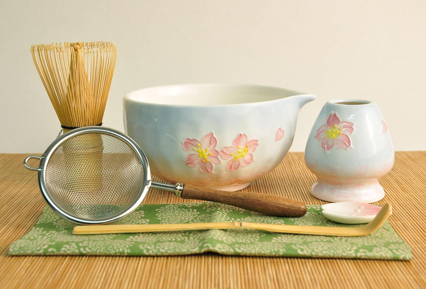 Matcha Whisk Set, Ceramic Matcha Set Includes Matcha Bowl, Matcha Whisk Chasen and Whisk Holder Sifter Bamboo Scoop, Scoop Rest and Tea Towel-7 Pcs Matcha Kit for Matcha Lovers, Cherry Blossom Pink
