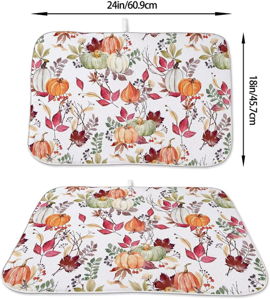 Fall Autumn Dish Drying Mat 18 x 24 inch Thanksgiving Pumpkin Maple Leaf Flower Decorative Drying Mats Microfiber Absorbent Dish Washable Draining Mat for Kitchen Counter Decor