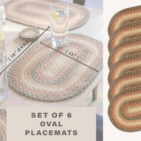 Homespice Russet Jute Braided Oval Placemats, Warm Country Decor, Set of 6, 13x19 Multicolor Table Mats - Vibrant Colors, Durable, Easy to Clean and Protects Furniture