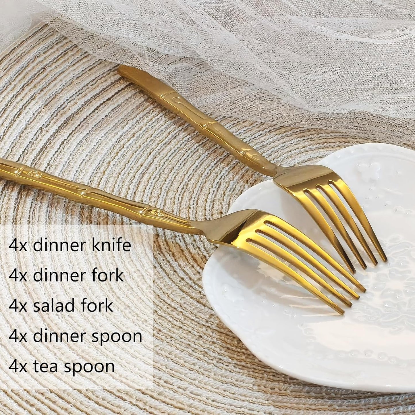Gold 20-Piece Silverware Set, Bamboo Pattern Stainless Steel Flatware Set, Cutlery Set Mirror Polished, Dishwasher Safe, Service for 4