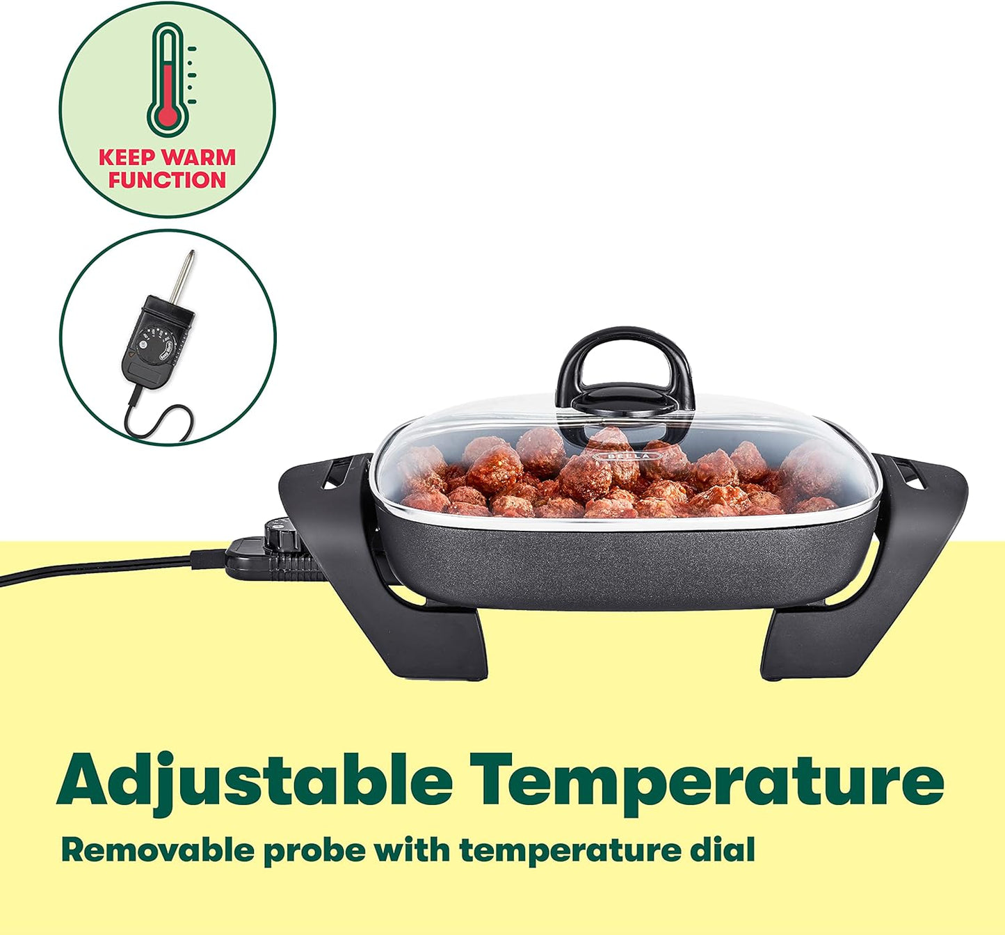 bella Electric Skillet and Frying Pan with Glass Lid, Nonstick Coating, Cool Touch Handles, Removable Heating Probe, Dishwasher Safe, 12 x 12 inch, Black, PFOA & PTFE Free