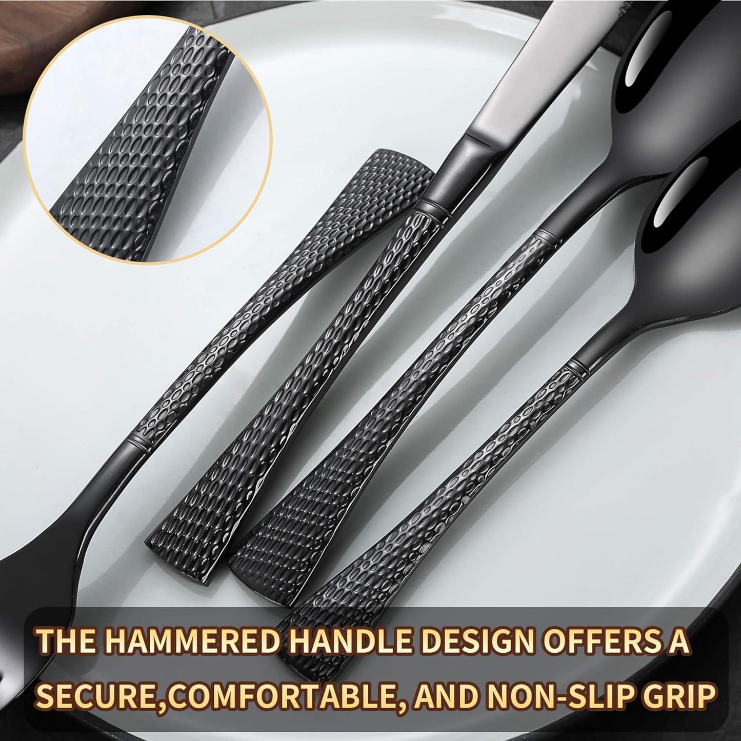 Lemeya Hammered Black Silverware Set,20 Piece Modern Flatware Set Service for 4,Mirror Polished Stainless Steel Cutlery Set Utensil Set Tableware Set,Kitchen Knives Forks Spoons Set,Dishwasher Safe