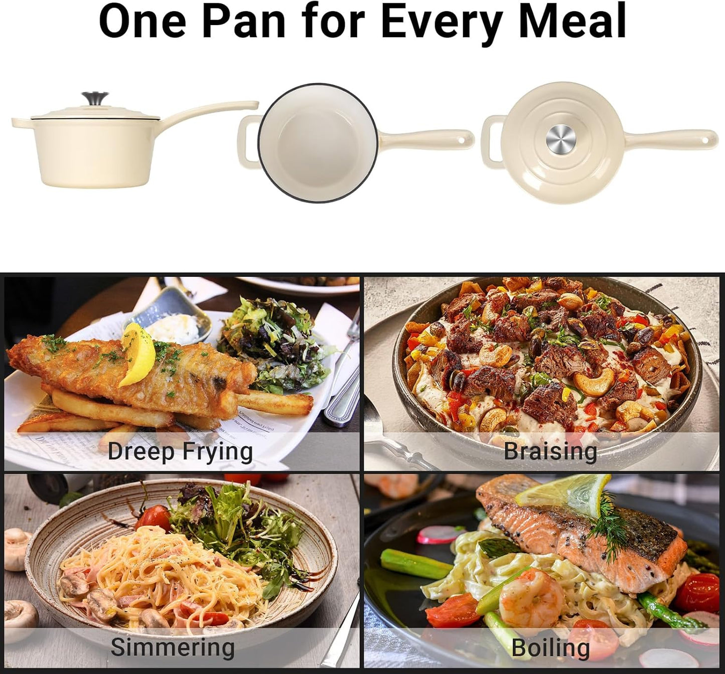 Enameled Cast Iron Sauce Pan, 2 Quarts Round Sauce Pot with Lid, Mini Dutch Oven Enamel Saucepan for Cooking Pasta Sauce, Marinate, Cook, Refrigerate and Serve, Cream White