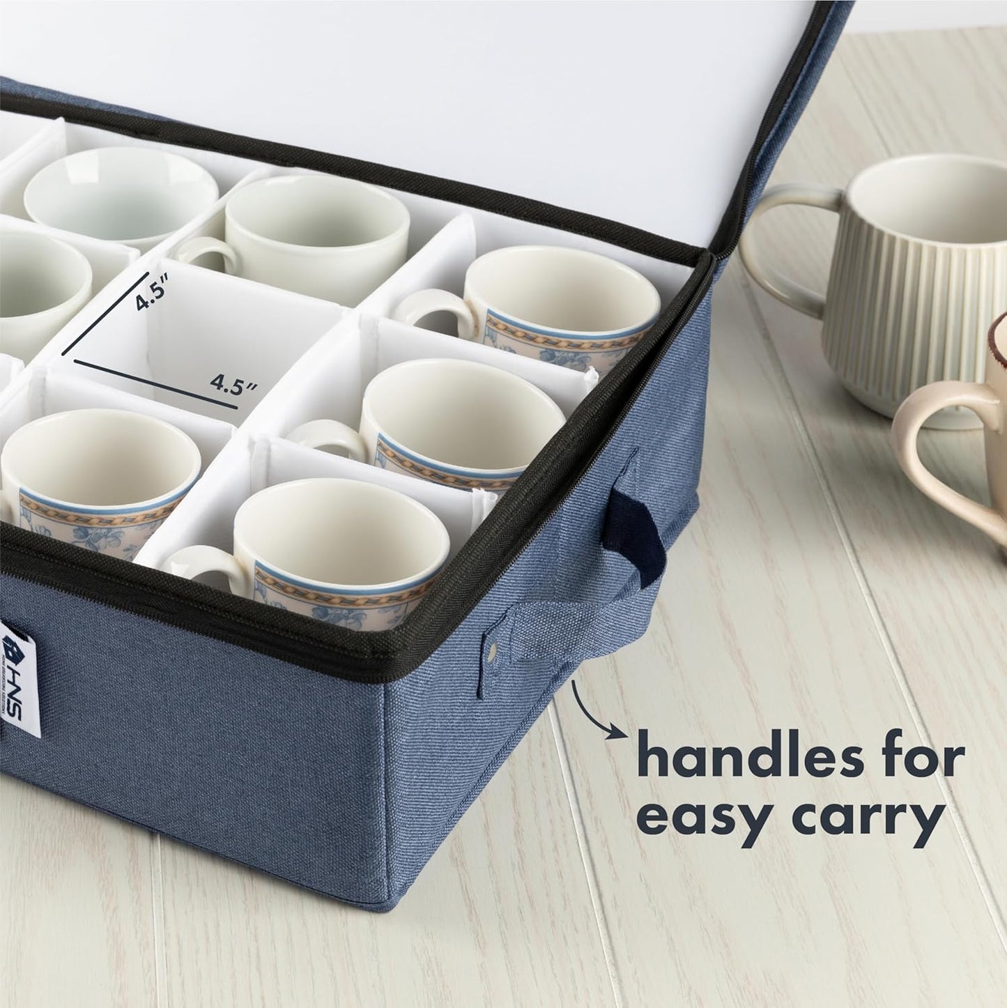 Hard Shell China Storage Containers 5-Piece Set Moving Boxes for Dinnerware, Glasses, Plates, Mugs and Saucers Sturdy Dish Organizer with Dividers for Seasonal Storage - Service for 12 - Denim Blue