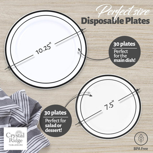 120-Piece Plastic Plates Set Premium 60 Dinner & 60 Salad Plates Pack, Disposable Plates for Party - White Plastic with Black Rim