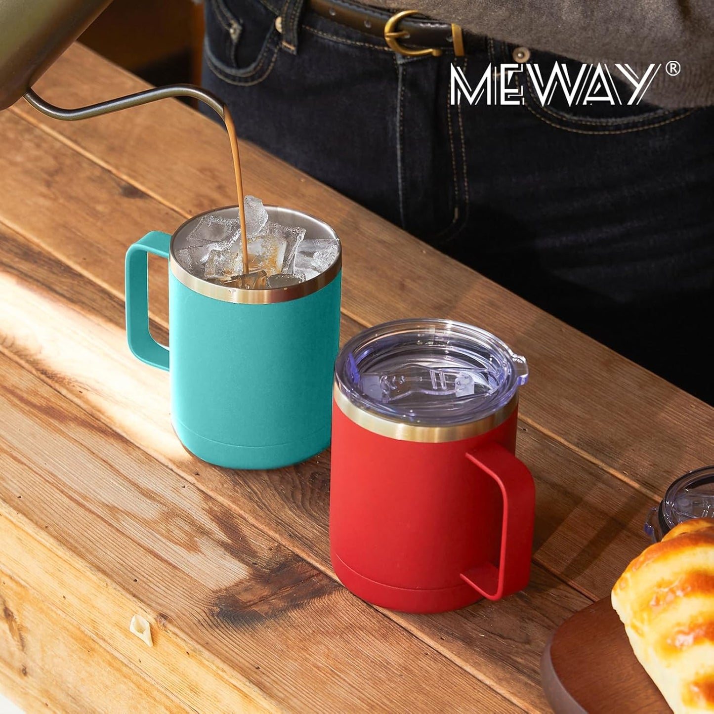 MEWAY 12oz Coffee Mug With Handle and Sliding Lid,Stainless Steel Travel Tumbler Cup with Handle,Double Wall Vacuum Insulated Camping Cup for Hot & Cold Drinks Tea (Red,Set of 1)