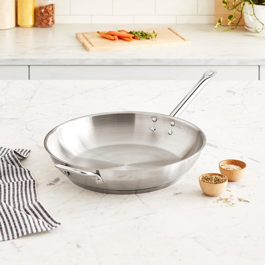 Winco Commercial-Grade Stainless Steel Fry Pan with Helper Handle, Natural Finish, 14"