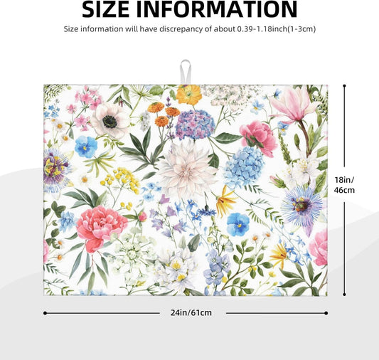 Colorful Flowers Dish Drying Mat for Kitchen Counter, 18"x24" Microfiber Absorbent Fast Dry Mat, 2Pcs Dish Mat Faucet Mats Sets, Large Drying Kitchen Mat Kitchen Drying Pad Coffee Bar Decor Gifts