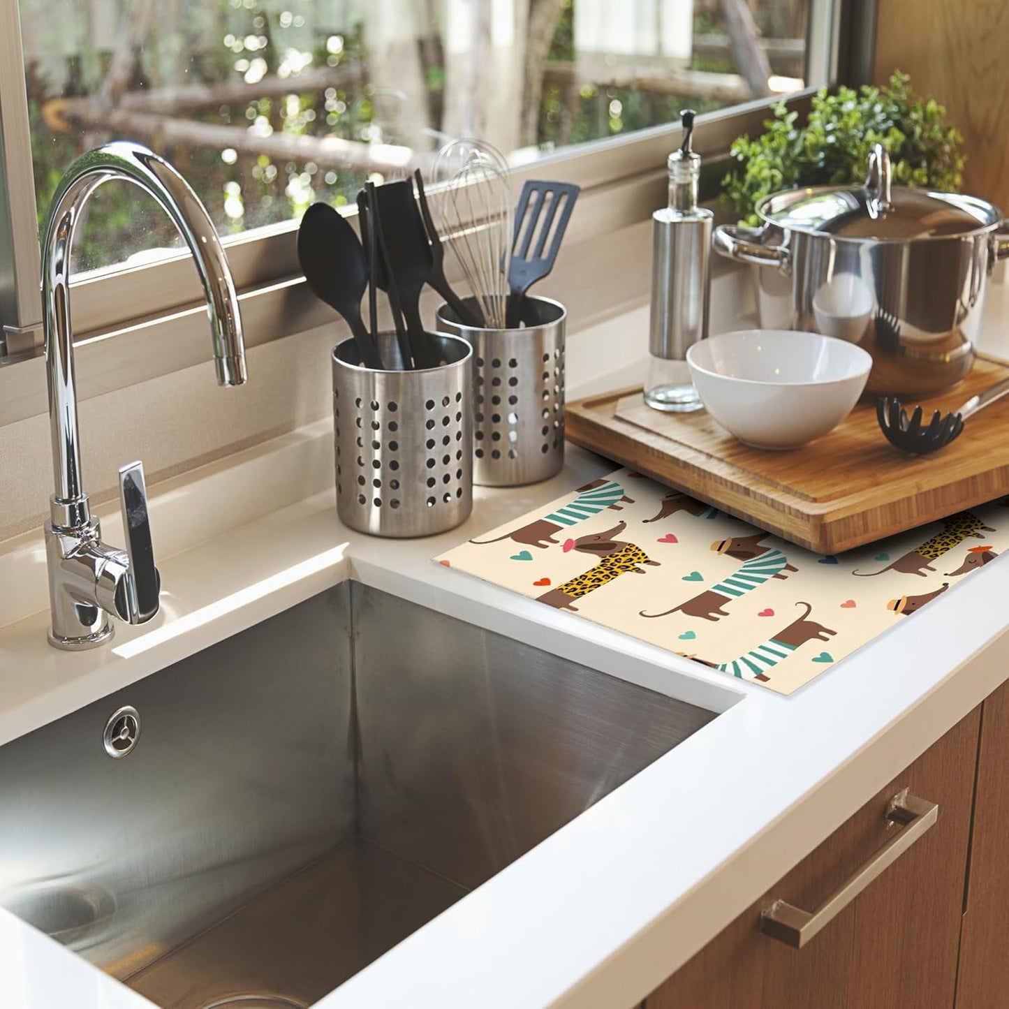 Dachshunds Dogs Dish Drying Mats 18x24 Inch,Leopard Print Hearts Dish Pad Drying Rack Mat for Kitchen Counter Ultra Absorbent Microfiber Dishware Coffee Maker Bar Countertop Decor