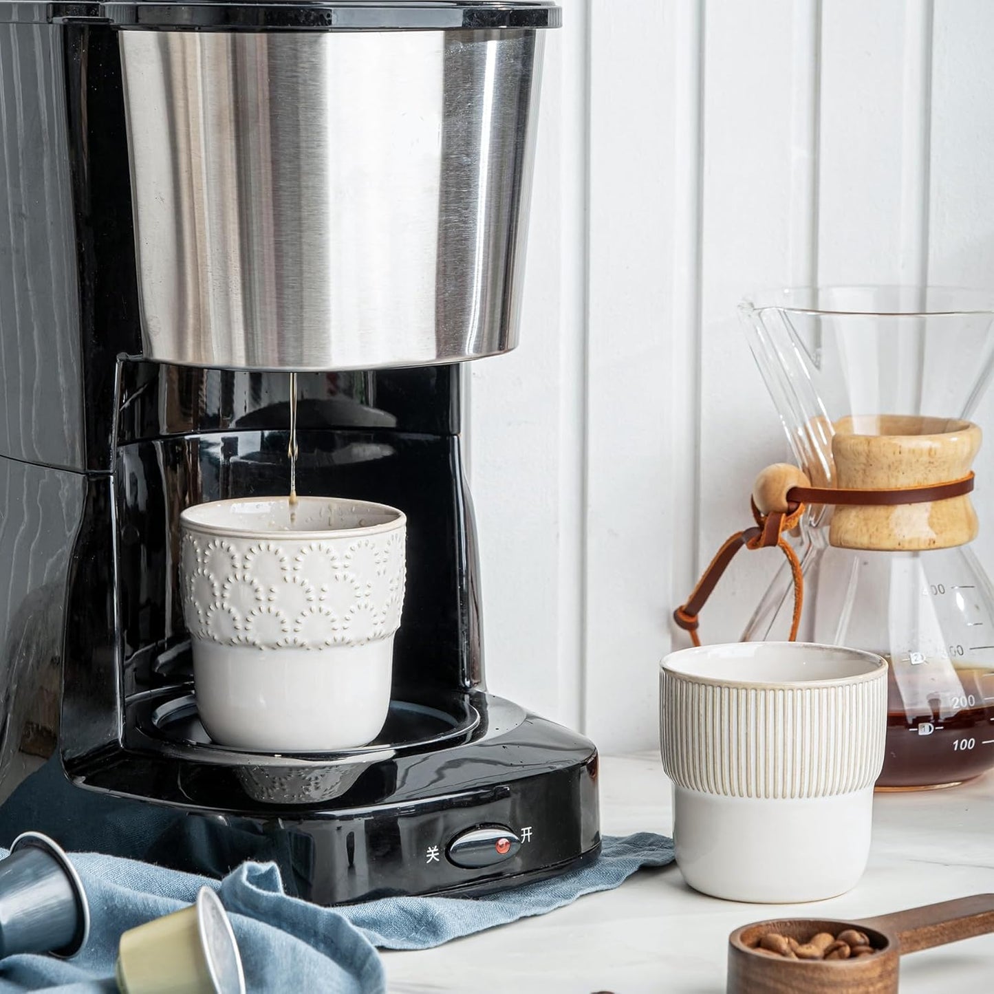 Espresso Cups Set of 2, 4oz Espresso Shot Cups, Mini Coffee Mugs Farmhouse Decor, Espresso Cup Perfect for Espresso Machine, Microwave and Dishwasher Safe,(Embossed Stripes+Firework)