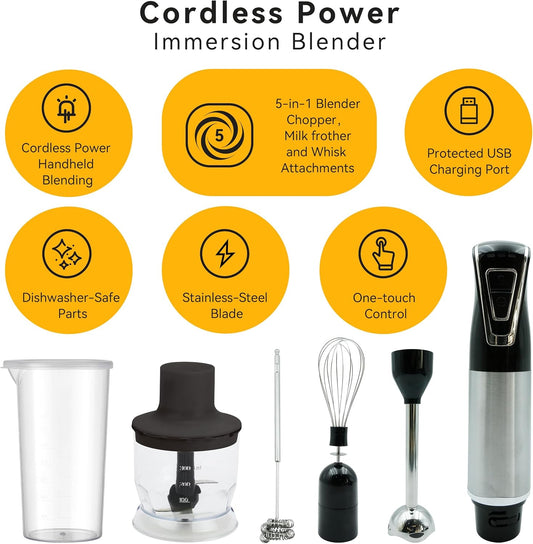 Cordless Portable Immersion Blender 5-in-1 Blender Set, Ice Crushing Power with One-Touch Speed Control, Comes with Potato Masher, Whisk, Chopper, Beaker, and Storage Case, Stainless Steel
