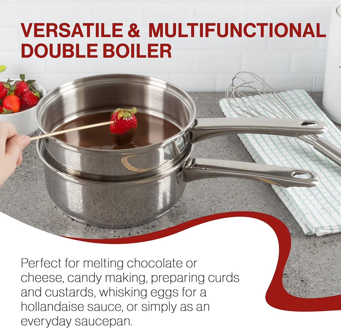 6 Cup Double Boiler Pot Set – 1.5 Quart Stainless-Steel Saucepan 2-in-1 with Vented Glass Lid – Kitchen Cookware with Measurements by Classic Cuisine
