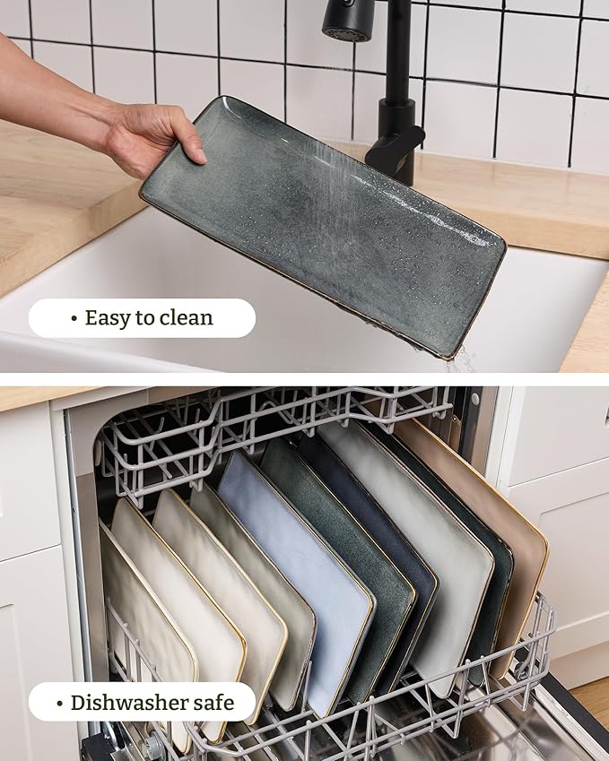 famiware Serving Platter, Rectangular 15.67/14.1/12.6inch Serving Dishes for Entertaining, Dishwasher Safe, Stoneware Serving Trays for Party, Food, Turkey, Snack, Cheese, Reactive Glaze, Deep Forest