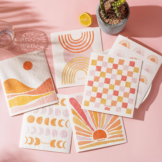 RECYCO Swedish Dishcloths for Kitchen | 6 Pack Desert Sunset Washable Dish Rags | Cellulose Reusable Cleaning Paper Towels | Absorbent Counter Dish Cloth Sponge Kitchen Wipes, 8" L x 7" W