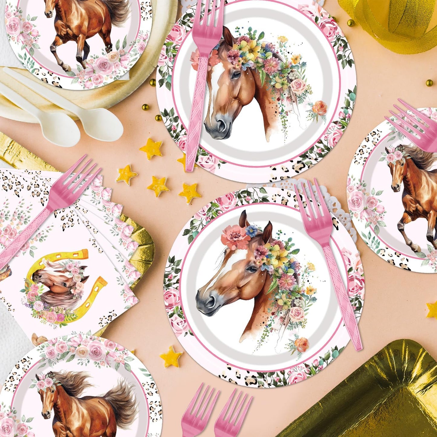 Horse Birthday Party Supplies Tableware - 96 Pcs Cowgirl Birthday Party Decorations, Horse Themed Party Paper Plates and Napkins Sets with Forks, Western Baby Shower Disposable Dinnerware, Serves 24