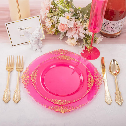 125PCS Hot Pink Plastic Plates - Clear Pink Gold Disposable Plates - Hot Pink Party Plate with Gold Plastic Silverware Set for 25 Guests for Wedding Party Birthday