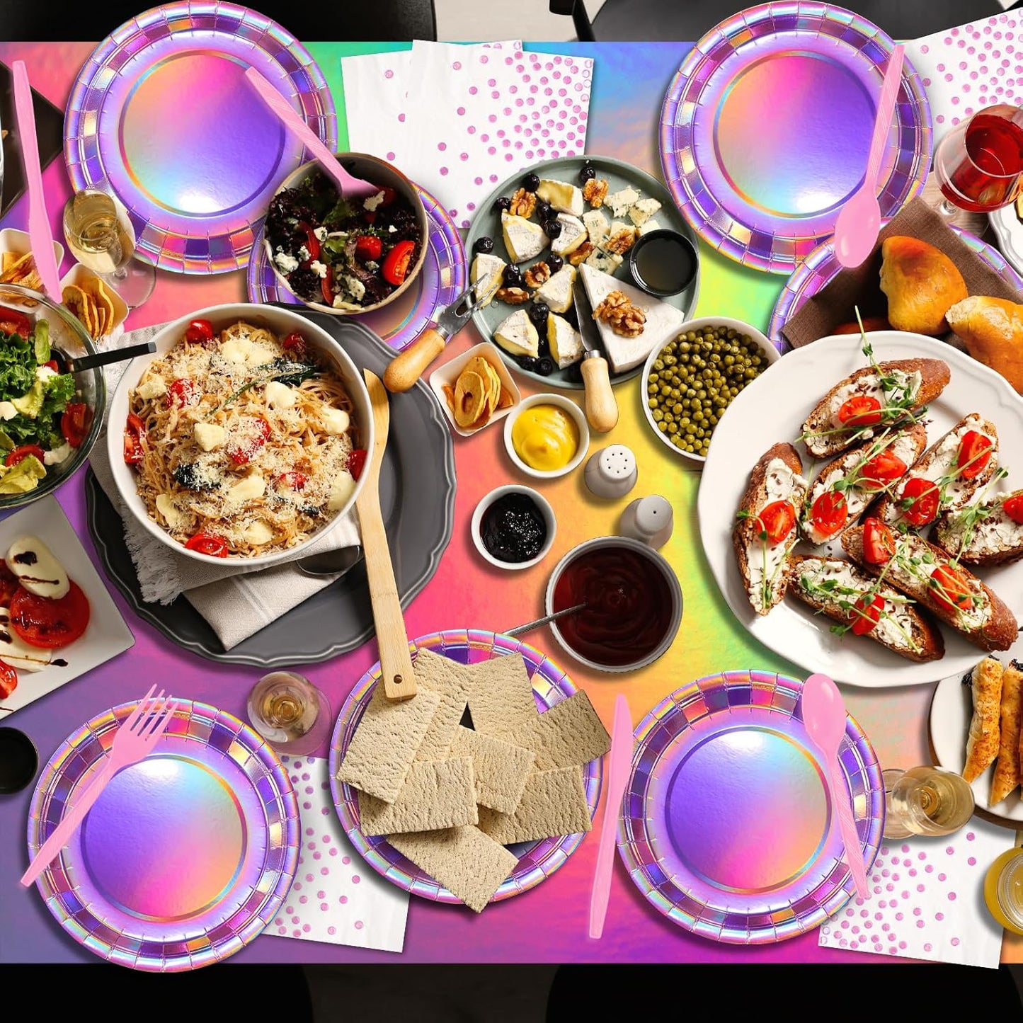 Iridescent Pink Party Supplies Decorations Serve 25, Hot Pink Holographic Paper Plates and Napkins Set, Disposable Pink Paper Plates Cups Knives Spoons Fork for Mermaid Disco Birthday Graduation Party