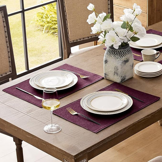 Romanstile Cloth Placemats Set of 6-12 x 18 Inch, Heat Resistant Double Layered Thickened Burlap Place Mats, Washable Linen Farmhouse Table Mats for Kitchen/Dining/Party/Outdoor, Purple