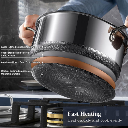 Hybrid Nonstick 6-Piece Pot Set with 2 Silicone Trivets, 1.5 QT Sauce Pan, 2 and 5.2 QT Stock Pot with Glass Lids, Stay-Cool Handles, Dishwasher-Friendly,Compatible All Cooktops