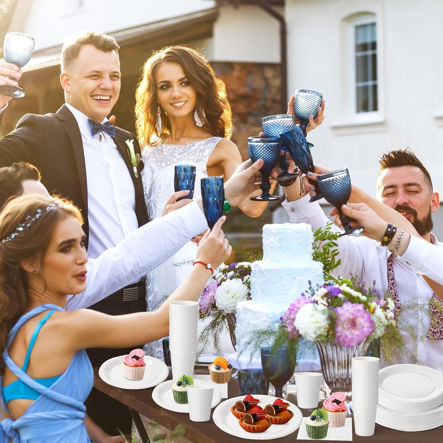 Tioncy 200 Pcs Disposable Paper Plates Cups and Napkins Party Supplies Serve 50 Guests Disposable Paper Dinnerware Set for Halloween Birthday Wedding Baby Shower Family Picnic(Sand White)