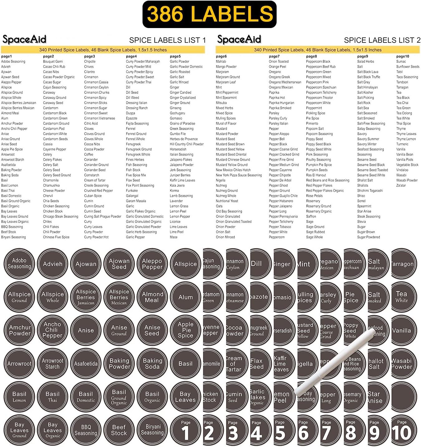 SpaceAid Spice Rack Organizer with 32 Spice Jars, 386 Spice Labels, Chalk Marker and Funnel Set for Cabinet, Countertop, Pantry, Cupboard or Door & Wall Mount - 32 Jars, 15.3" W × 10.8" H, Black