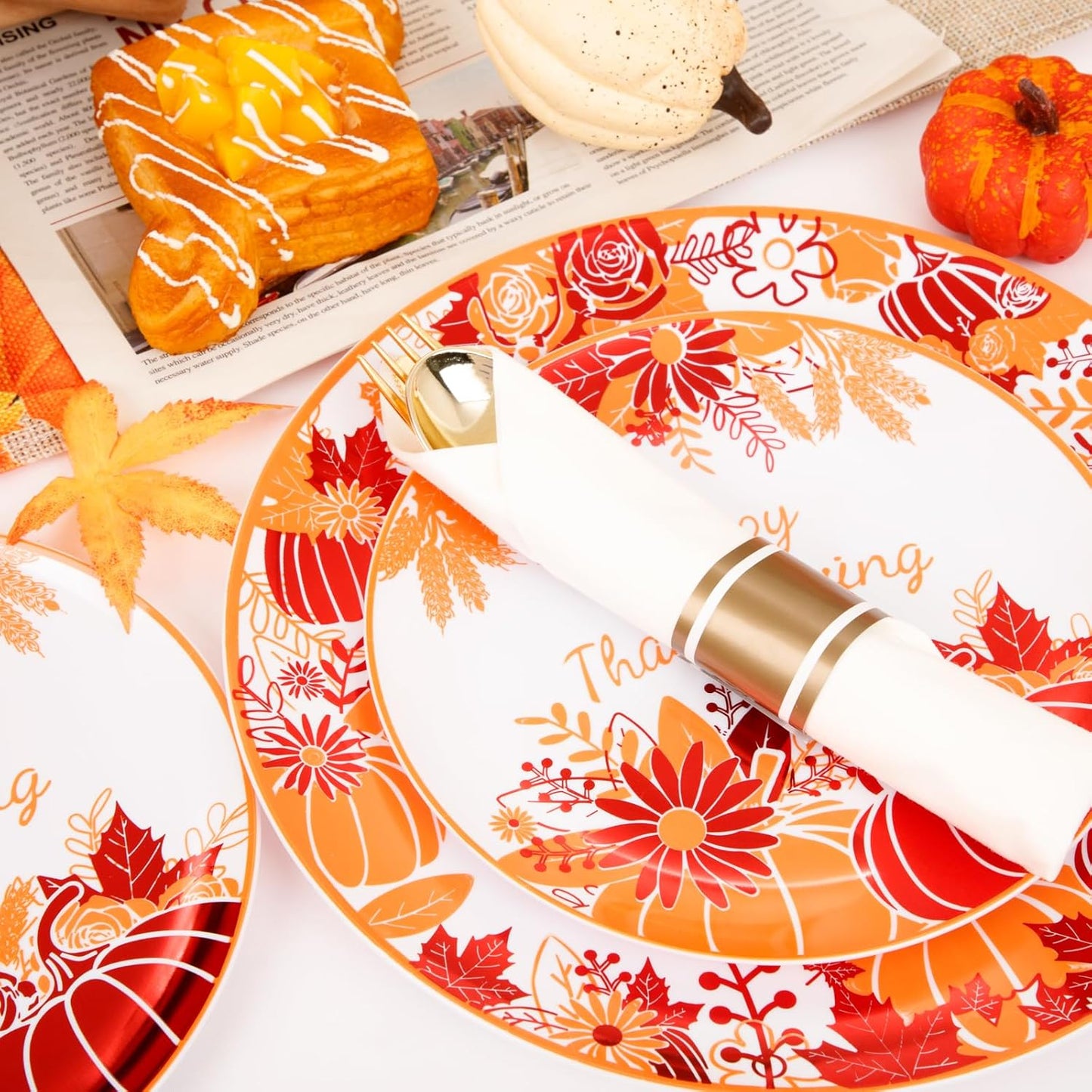 DaYammi 210Pcs Thanksgiving Plastic Plates,Orange and Red Disposable Dinnerware Set Includes 60 Dinner plates,30 Gold Plastic Silverware,30 Per Rolled Napkins,30 plastic Cups for Thanksgiving Party