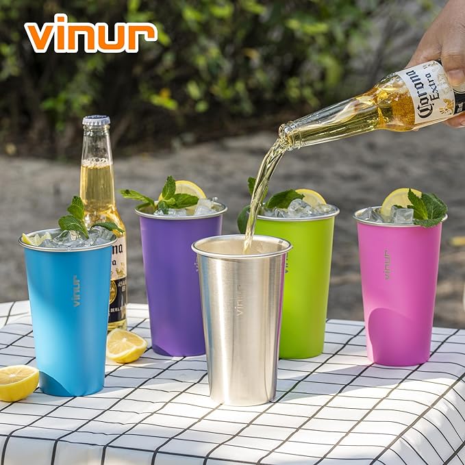 VINUR 20 oz Stainless Steel Cups 4 Pack Pint Tumbler Stackable Metal Drinking Glasses for Travel, Camping, Outdoors (Sky Blue-Orange-Hot Pink-Apple Green)