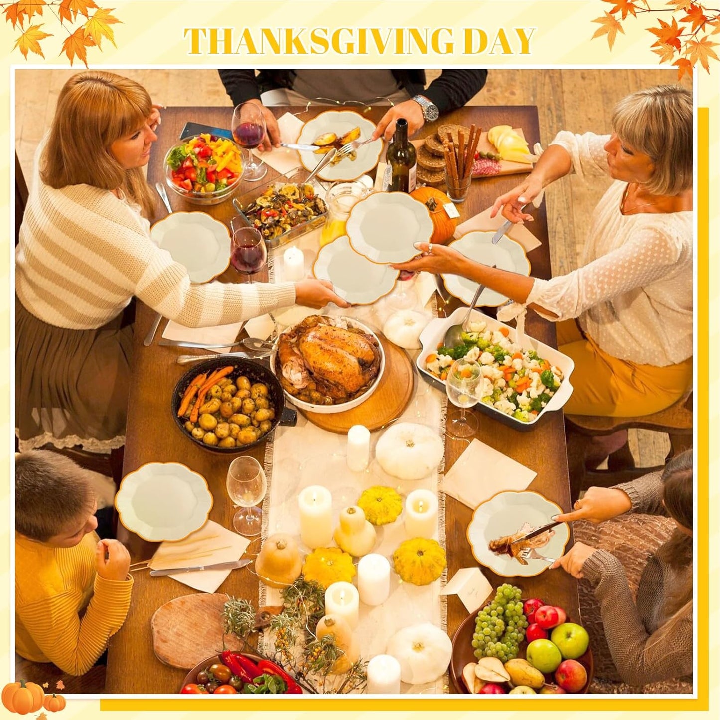 30 Pcs Thanksgiving Paper Plates, 9 Inch Ivory Paper Plate with Gold Trim Cute Beige Disposable Scalloped Plates for Friendsgiving, Baby Shower, Wedding