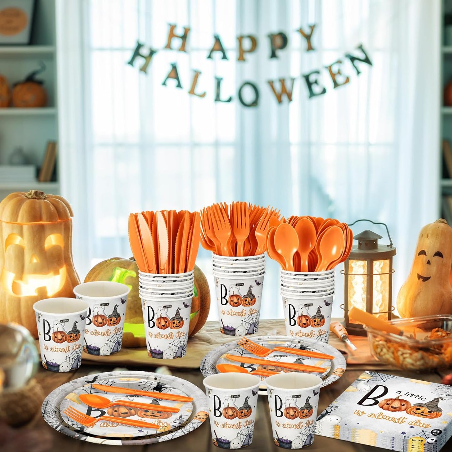 Dandat 350 Pcs Baby Shower Plates Set Baby Shower Party Supplies Serves 50 Tableware Sets Include Plates Napkin Cup Forks Knives Spoons Disposable Dinnerware(Boo,Orange)