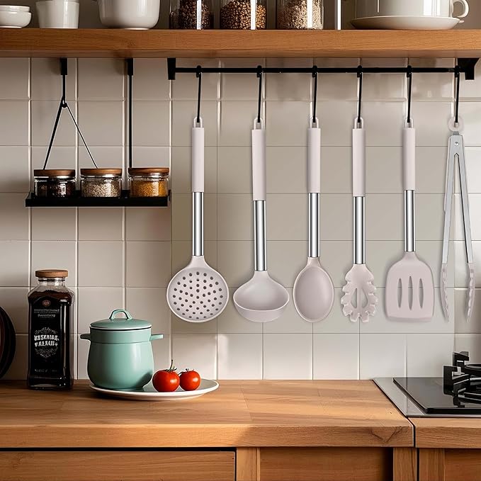 LIANYU Cooking Utensils Set of 6, Silicone Kitchen Utensils Set for Nonstick Cookware, Heat Resistant Kitchen Gadgets Tools, Includes Spatulas, Spoons, Tongs, Stainless Steel Handle, Khaki