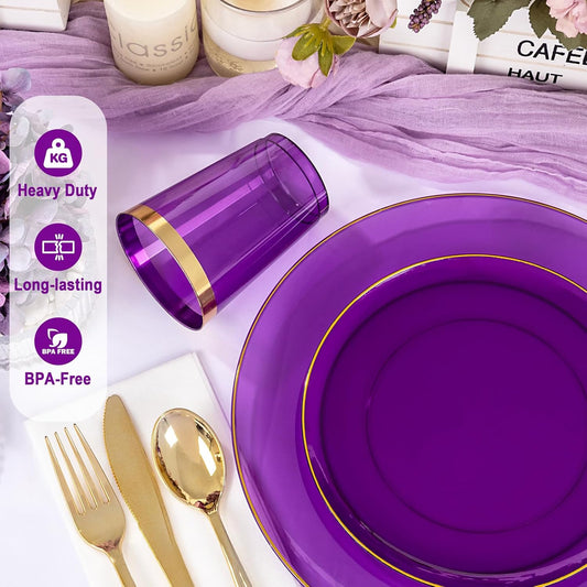 YOUBET 175PCS Purple Plastic Plates - Purple and Gold Disposable Plates Include 50 Plate, 75 Silverware, 25 Cups, 25 Napkins for Wedding & Party