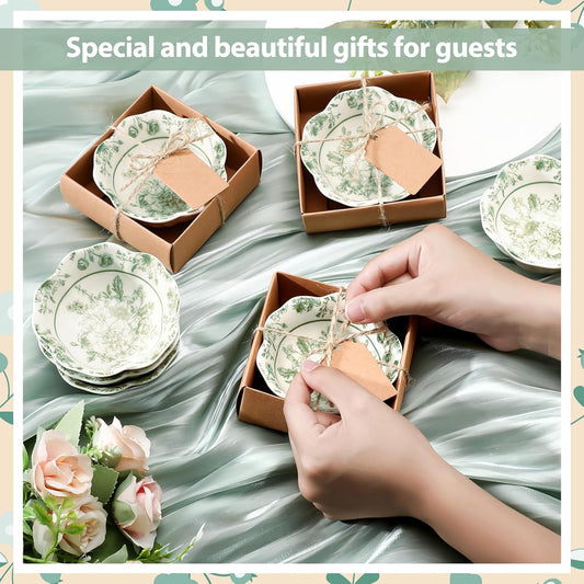 24 Pcs Wedding Favors for Guests Small Ceramic Bowl Bulk Gifts Set 3.3 Inch Floral Design Mini Dipping Bowl Sauce Dish with Cards Box for Bridal Baby Shower Birthday Guest Gift (Sage Green)
