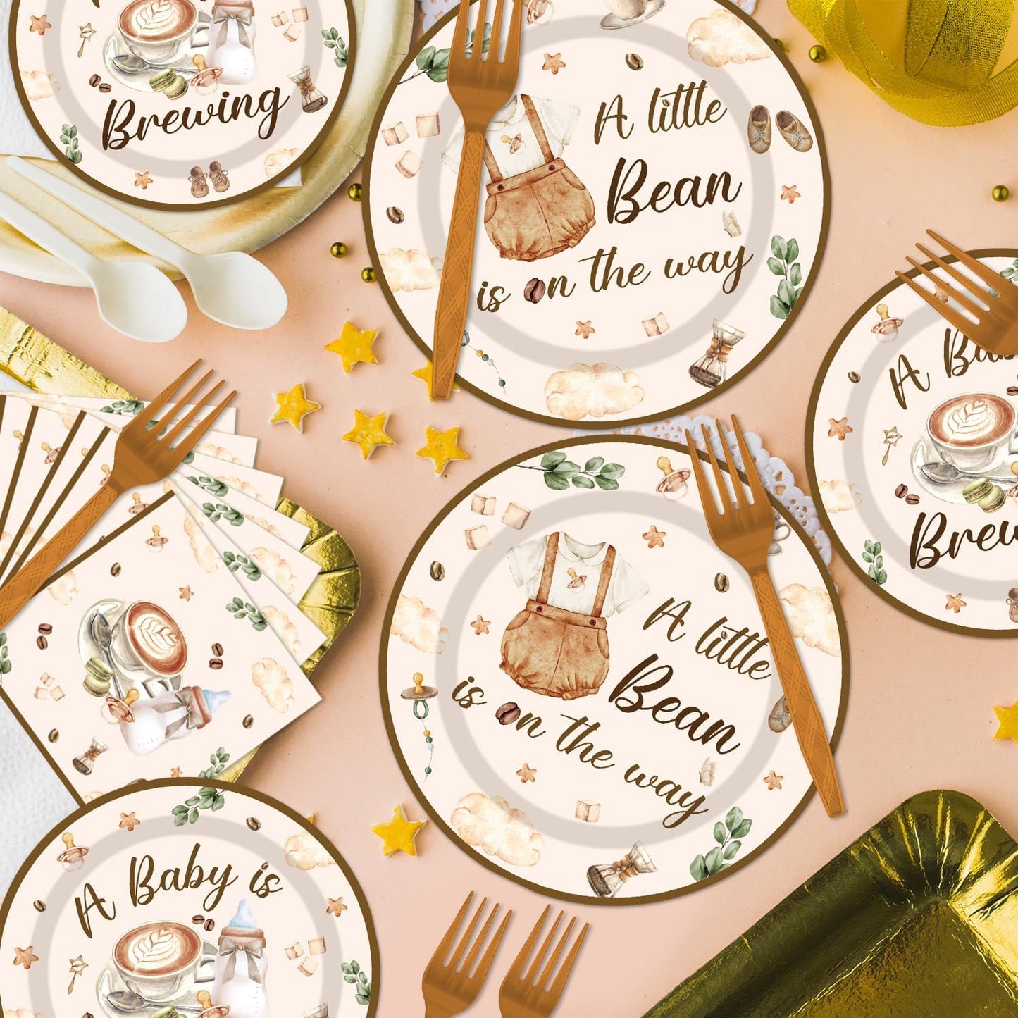 96Pcs Coffee Theme Baby Shower Tableware Set - A Baby Is Brewing Paper Plates Napkins Forks A litte Bean Is On The Way Gender Reveal Party Supplies Serve 24 Guests