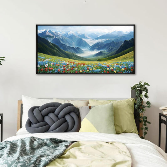 KLAKLA Mountain Wall Art - Large Landscape Living Room Wall Decor Rustic Wild Daisies Misty Forest Snowy Mountains Canvas Picture Framed Artwork for Walls - 40x20 Inches