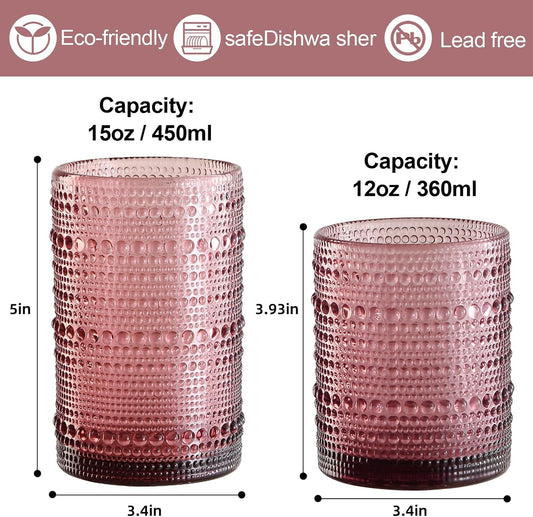 Vintage Hobnail Drinking Glasses Set of 8,Purple 12 oz & 15oz Highball Glass Cups, Kitchen Drinkware Glassware,Embossed Water Tumbler,for Beer,Cocktail,Whiskey,Juice and Various Mixed Drinks