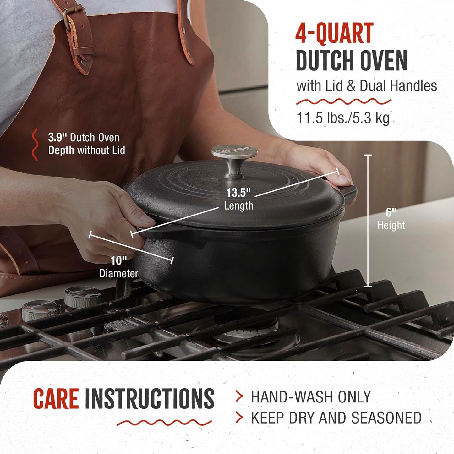 Victoria 4-Quart Cast Iron Dutch Oven with Lid and Dual Loop Handles, Seasoned with Flaxseed Oil, Made in Colombia,Black